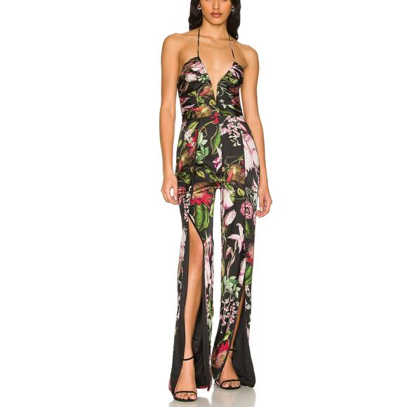 Katie May Black Floral Jumpsuit SMALL Cocktail Party Wide Leg Split Hem $285 NEW - Picture 1 of 10